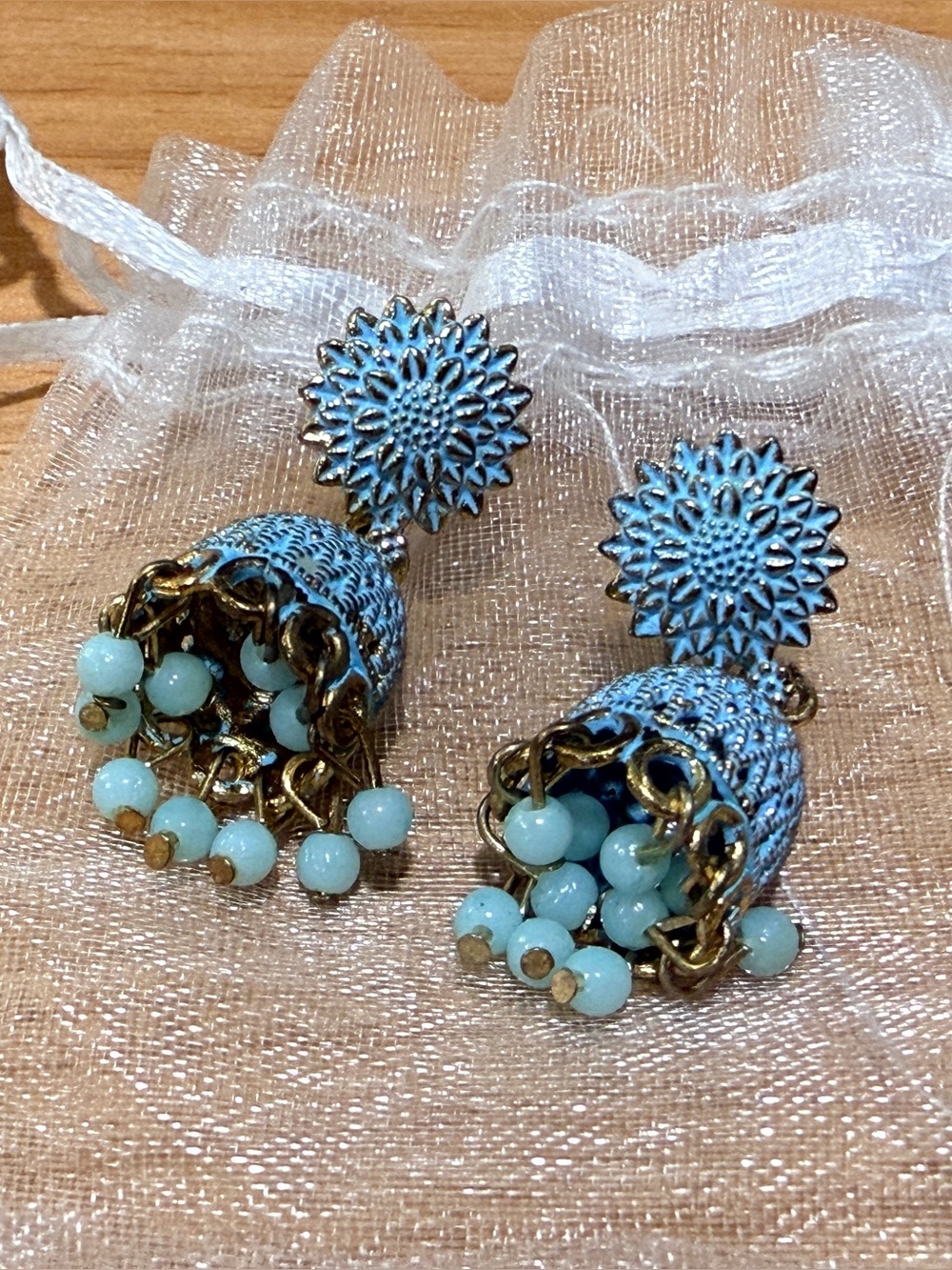 Handcrafted Light Blue Floral Jhumka Earrings